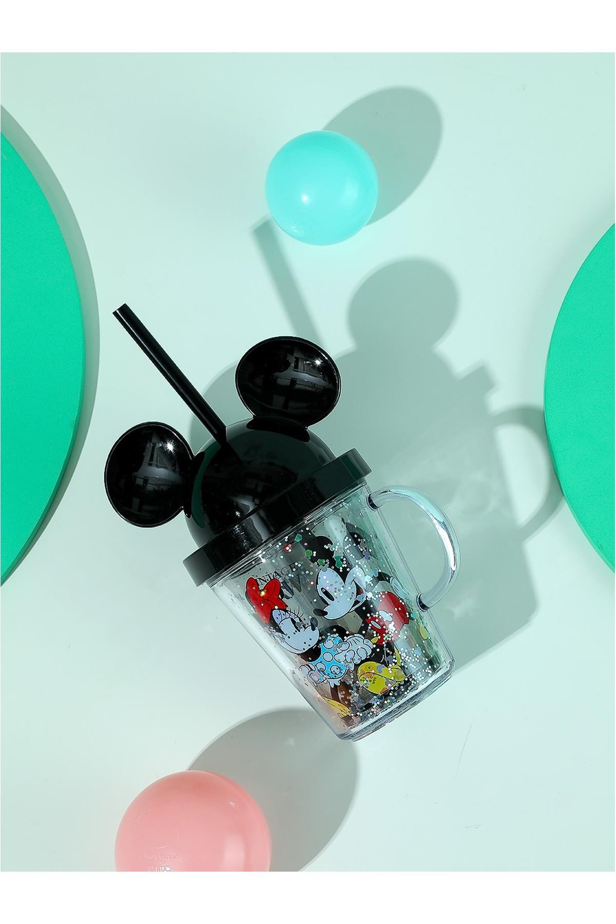 Mickey Mouse Karakterli Kapaklı Ve Pipetli Bardak