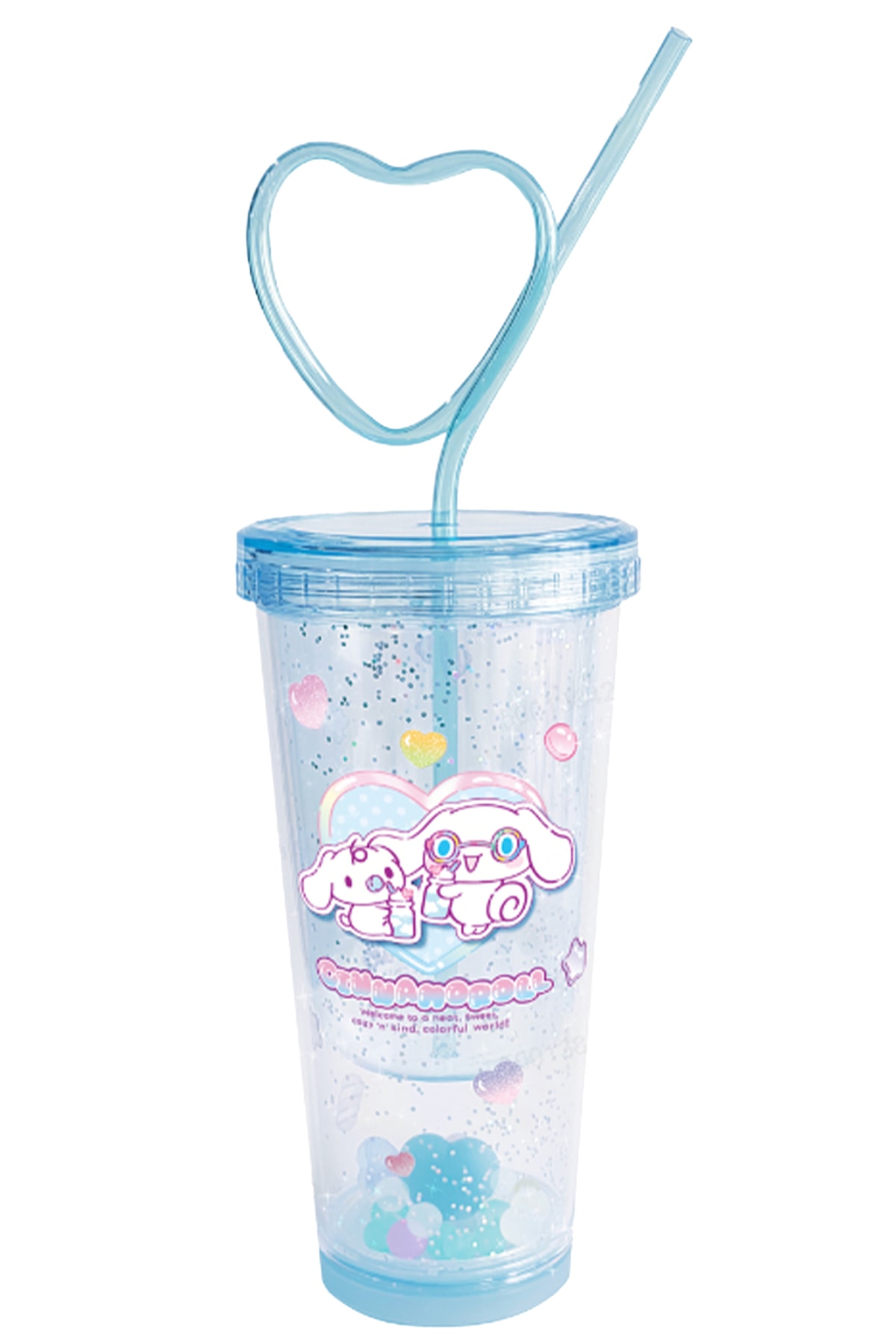 Sanrio Lisanslı Cinnamoroll Tatlı Fabrikası Serisi Kalp Çift Duvarlı Plastik Şişe Pipetli 440 mL