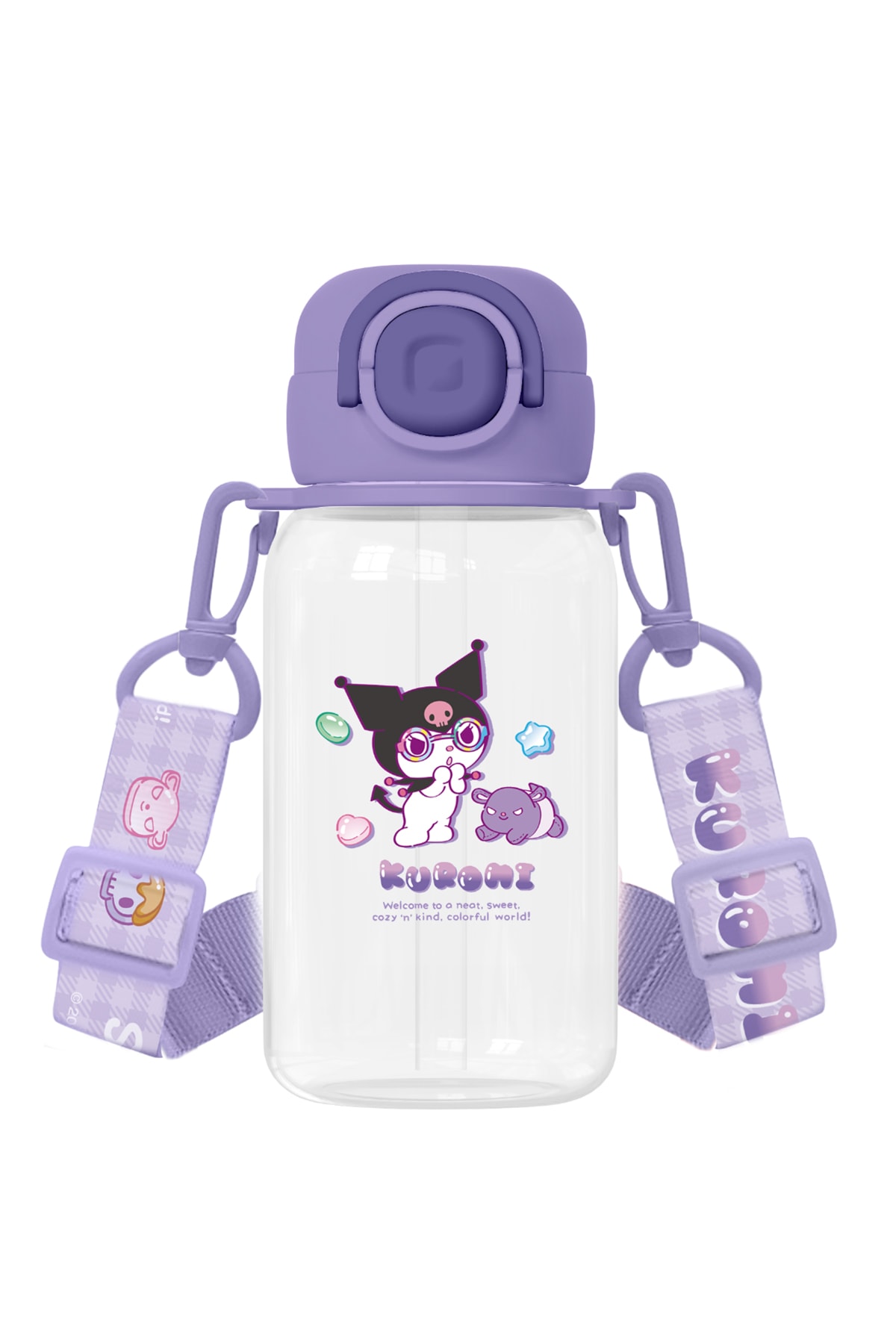 Sanrio Lisanslı Kuromi Tatlı Fabrikası Serisi Pipetli ve Askılı Plastik Şişe 690mL