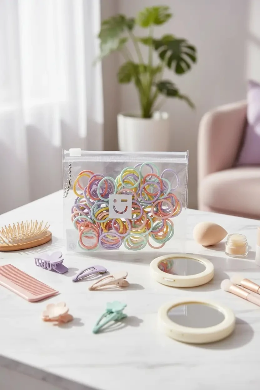 Miniso Lisanslı Şeffaf Taşıma Çantalı Renkli Saç Lastiği – Dayanıklı ve Esnek Orta Boy 100 Adet 2 Cm