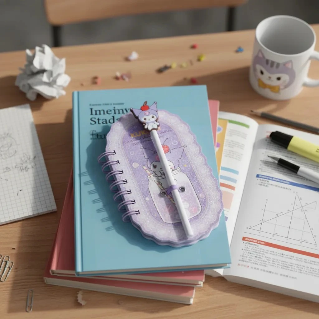 Sanrio Lisanslı Renkli Yaz Serisi Pipetli Kalem Figürlü Telli Defter - Kuromi