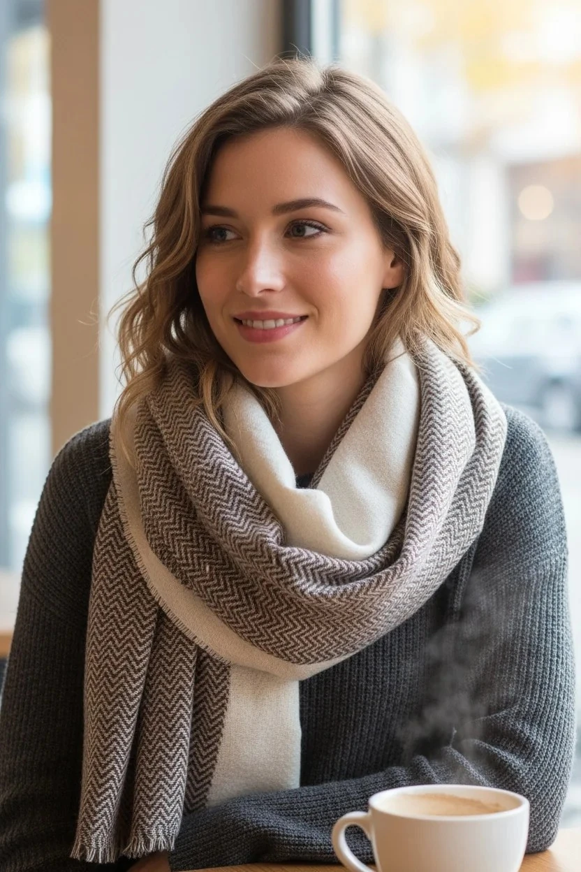 Yumuşak Dokulu Balıksırtı Desenli Ekru-Vizon Kalın Şal