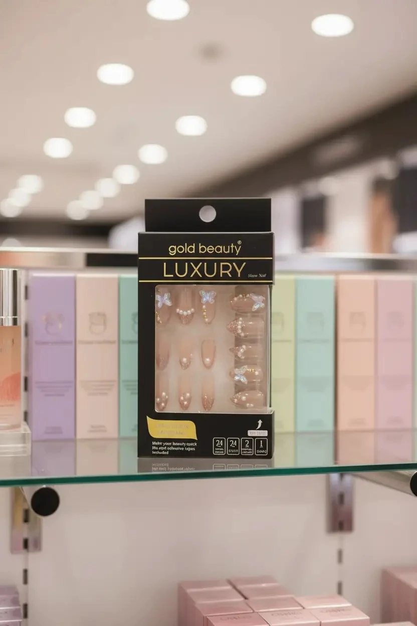 Gold Beauty Kelebek Figürlü ve Taşlı Takma Tırnak Seti – 24 Adet