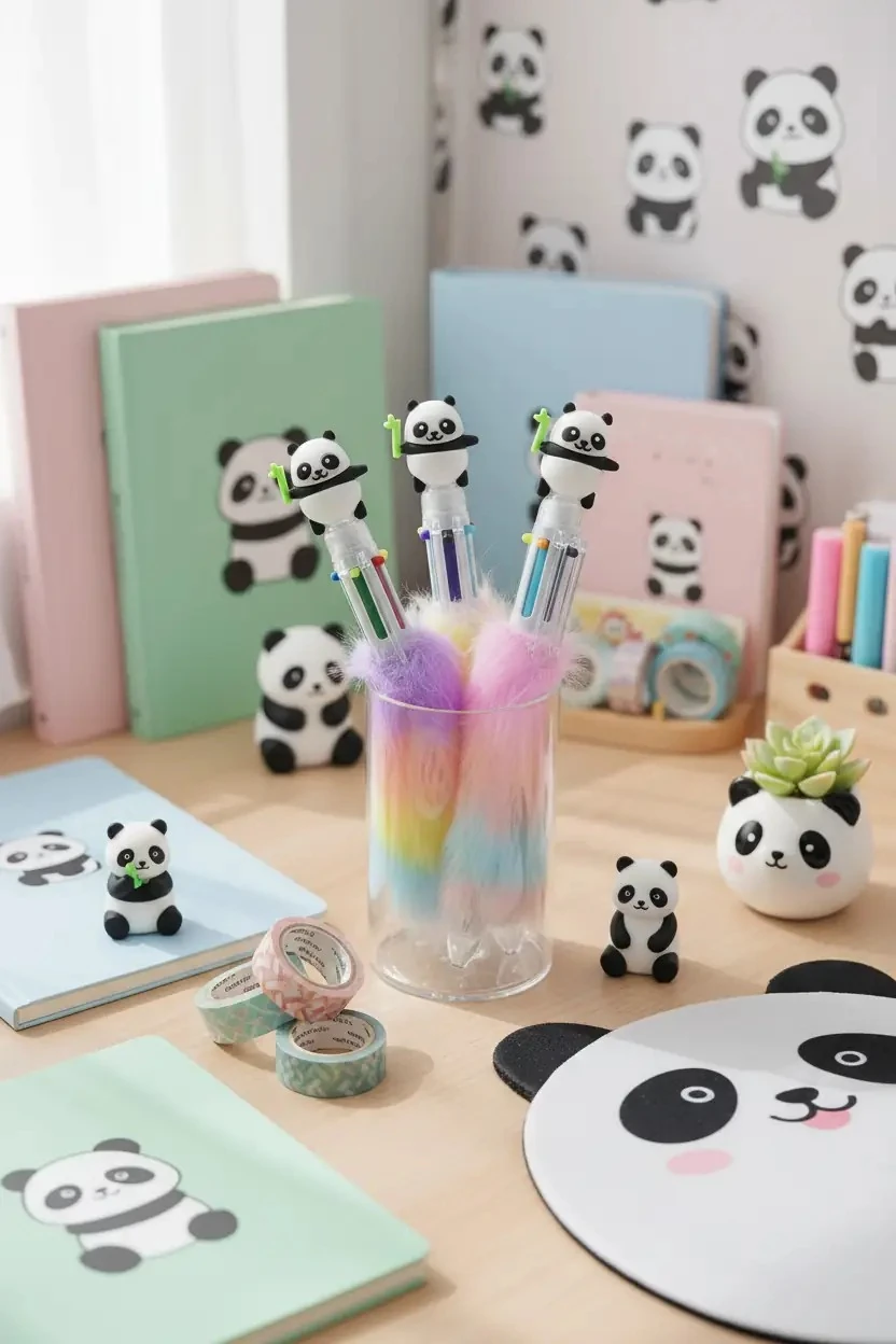 Sevimli Panda 6 Renkli Tükenmez Kalem – Tüylü ve Figürlü