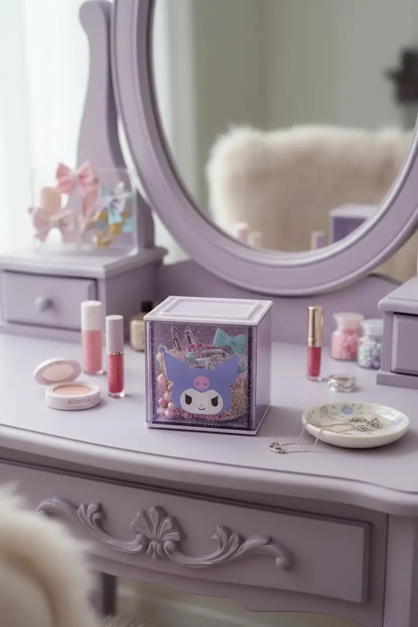 Sanrio Lisanslı Kuromi Akrilik Saklama Kutusu – Mor Simli Şeffaf Masaüstü Düzenleyici 10 Cm