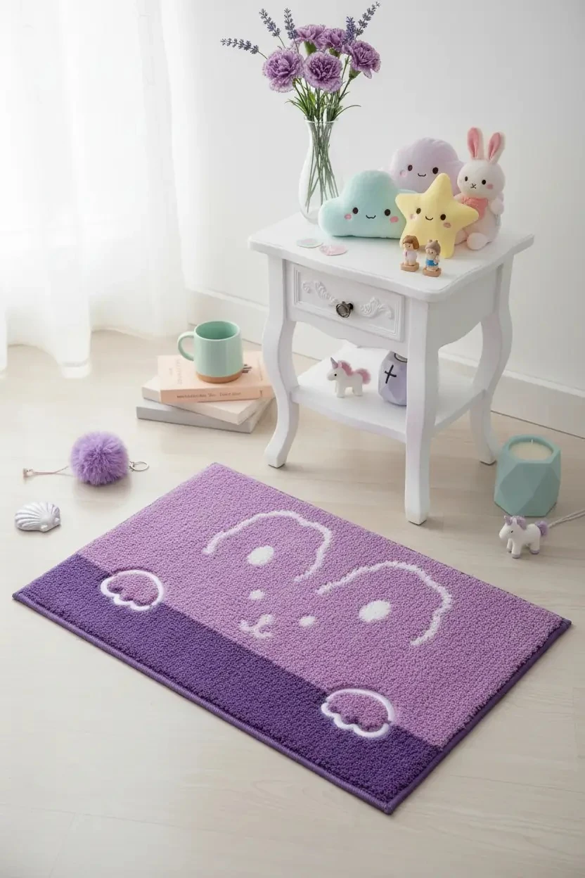 Miniso Lisanslı Hayvan Serisi Tüylü Yer Paspası – Mor 40x60 cm Banyo Oda Kaymaz Taban Halı