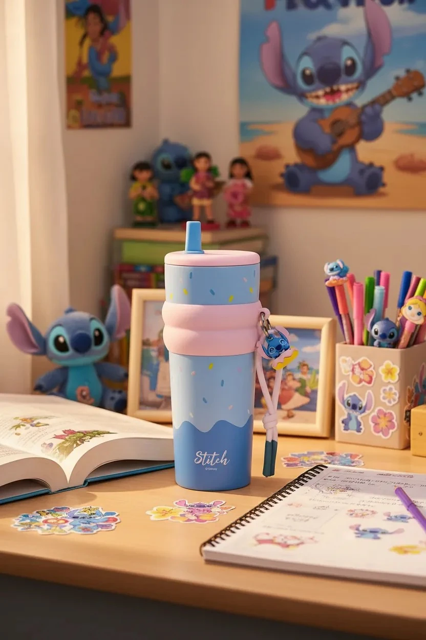 Disney Lilo & Stitch Lisanslı Çift Cidarlı Pipetli Çelik Matara 800 ml (Stitch)