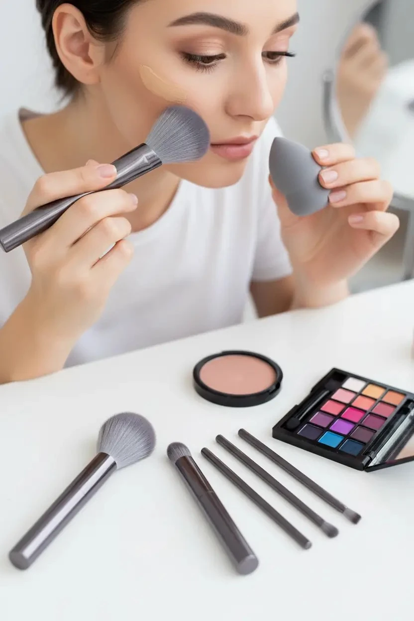 Miniso Lisanslı Gümüş Renkli 7'li Makyaj Sünger ve Fırça Seti - Profesyonel Yüz ve Göz Makyaj Seti 19 cm