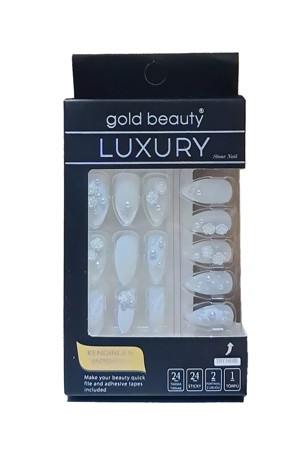 Gold Beauty Beyaz Gül Detaylı Taşlı Takma Tırnak