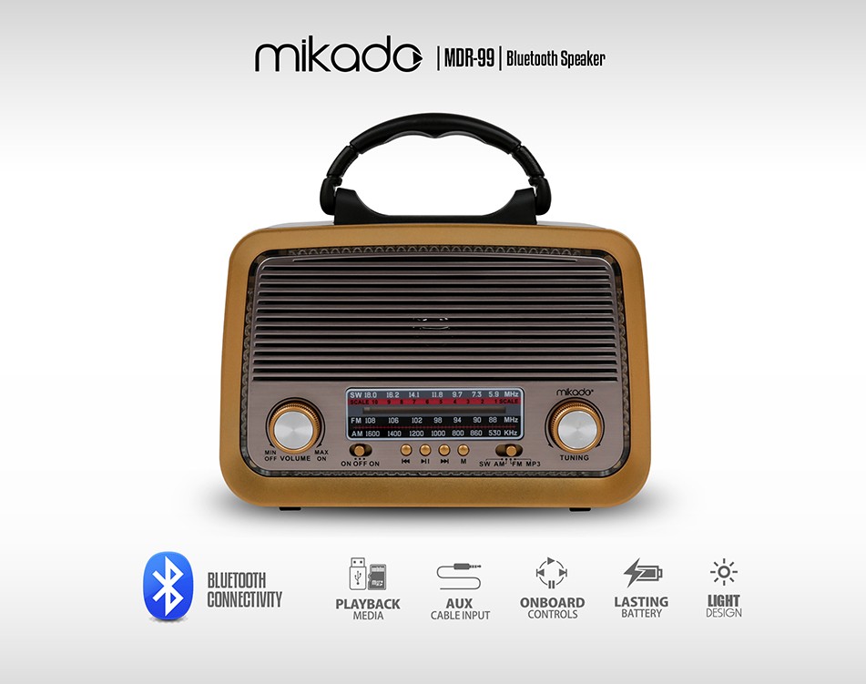 Mikado Ahşap Mavi Led Işıklı Bluetooth Klasik Radyo Hoparlör