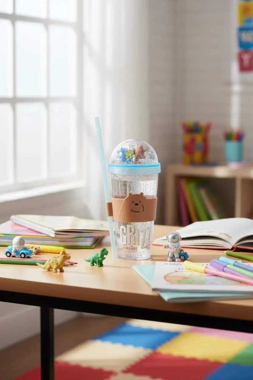 We Bare Bears Lisanslı Pipetli ve Kapaklı Simli Plastik Suluk