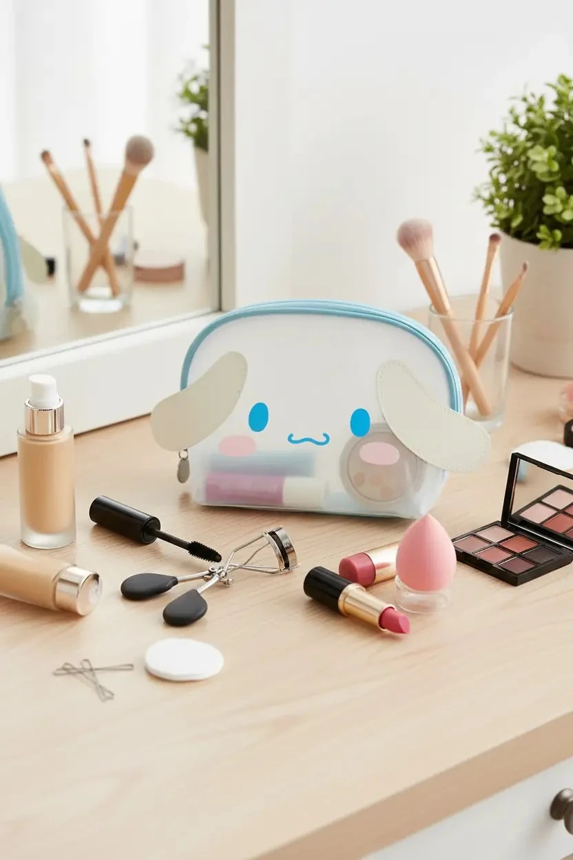 Sanrio Lisanslı Cinnamoroll Fileli Kabuklu Makyaj Çantası – Şeffaf & Düzenli