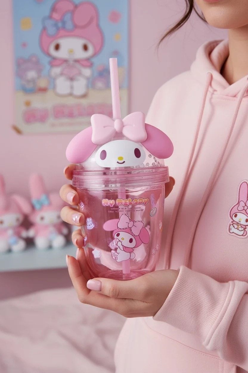 Sanrio Lisanslı My Melody Tatlı Fabrikası Serisi Plastik Şişe Pipetli ve Süslemeli 435 mL