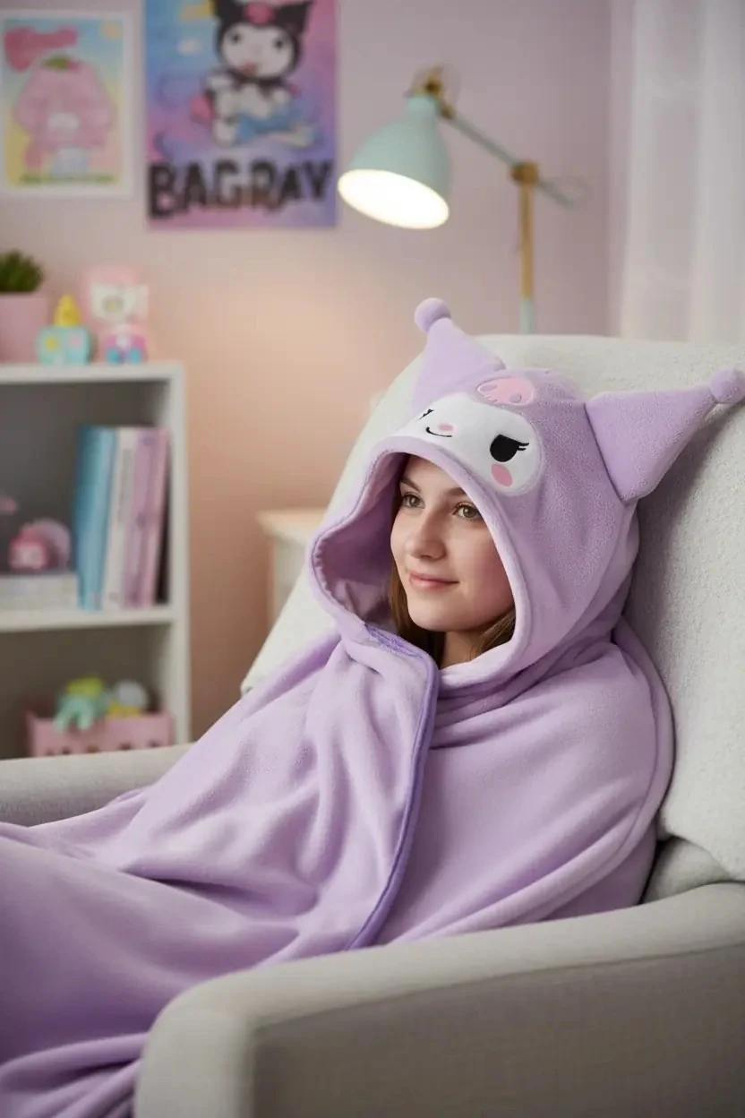 Sanrio Lisanslı Kuromi Kapüşonlu Battaniye