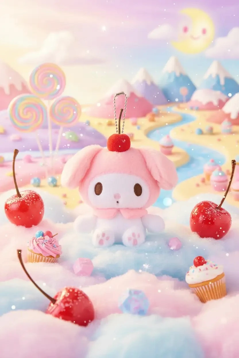 Sanrio Lisanslı Kiraz Koleksiyonu My Melody Peluş Anahtarlık – Yumuşak Dokulu Çanta Aksesuarı