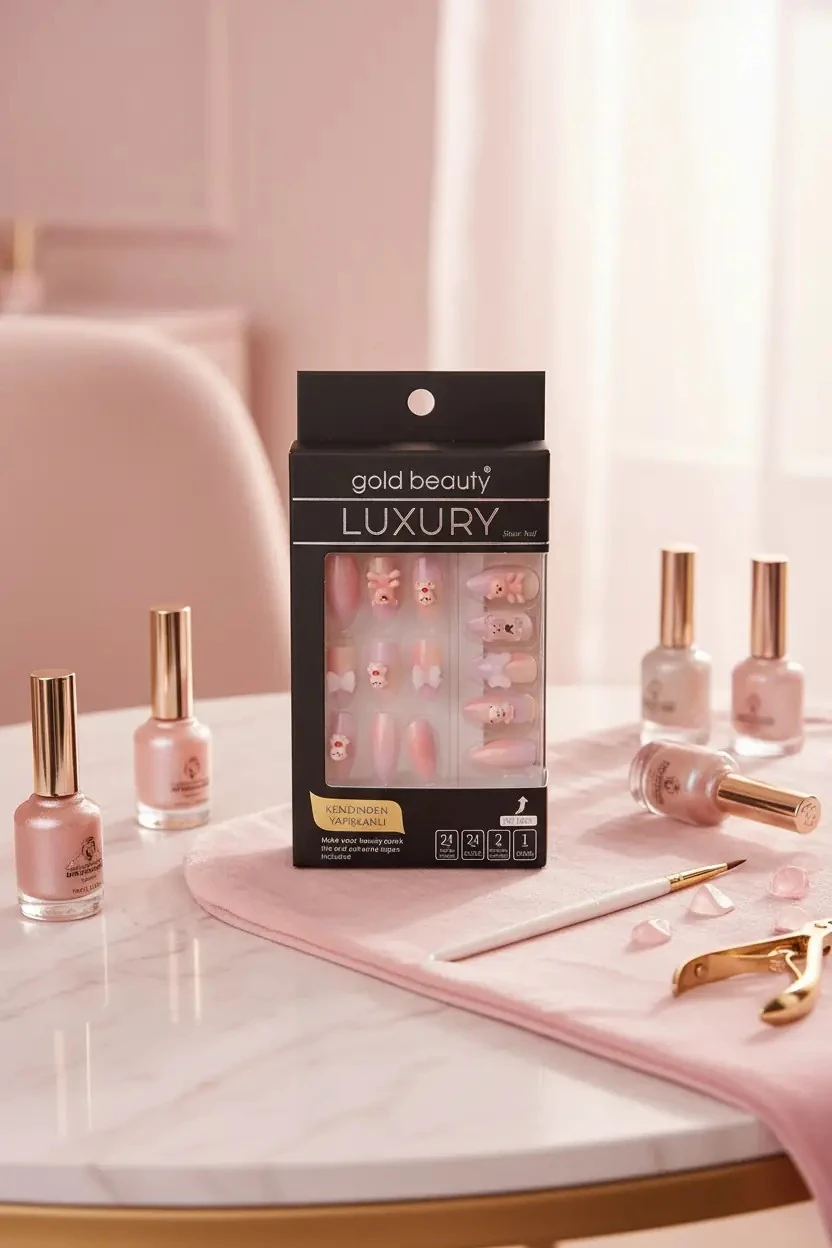 Gold Beauty Ayıcık Figürlü ve Taşlı Takma Tırnak Seti – 24 Adet