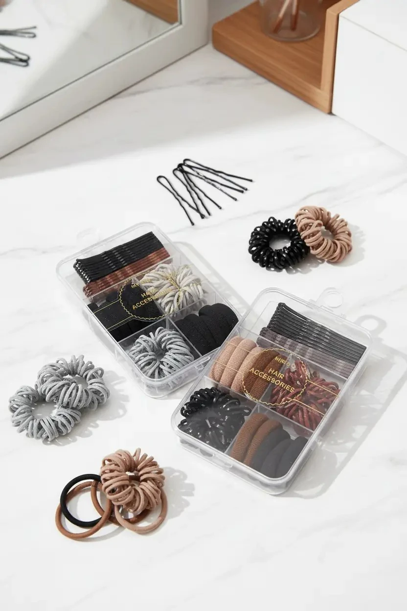 Miniso Lisanslı Basic Saç Klipsi ve Lastik Bant Seti – Şeffaf Kutulu Çok Amaçlı Toka Seti