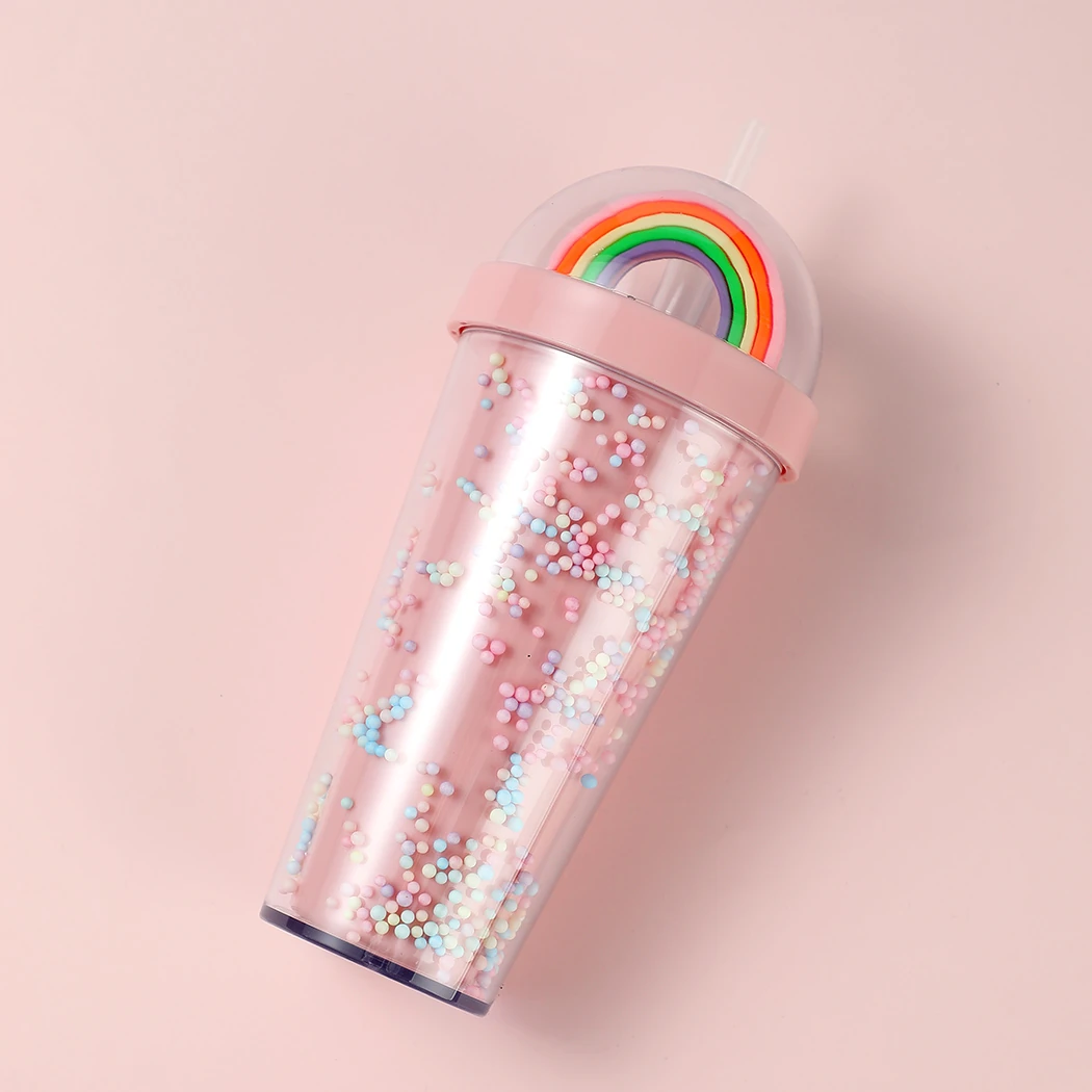 Gökkuşağı Figürlü Boncuklu Pipetli Plastik Su Şişesi (420Ml) (Outlet)