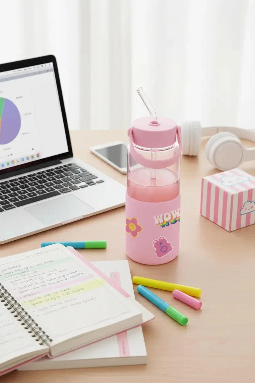 Miniso Lisanslı DIY Serisi Saplı Pipetli Plastik Şişe 1100 mL – Pembe