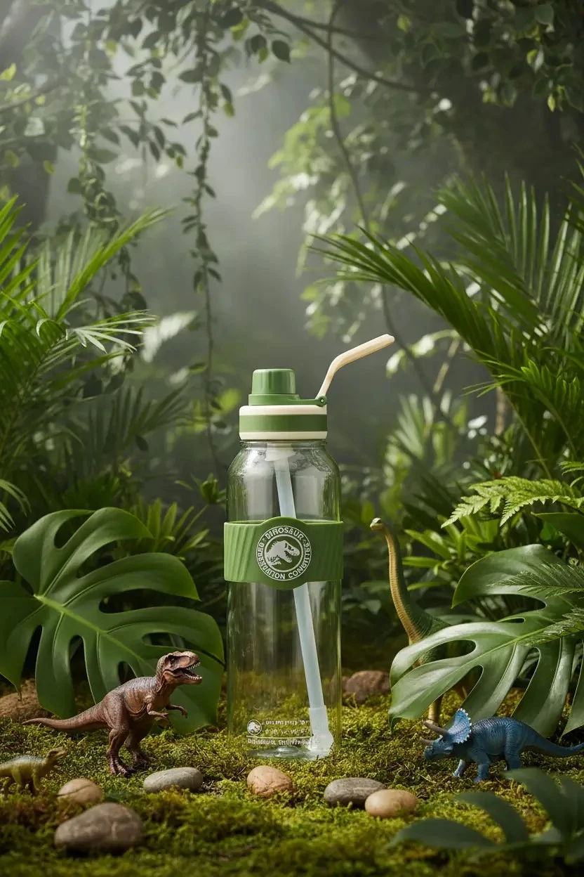 Jurassic World Saplı ve Pipetli Plastik Şişe 1000 mL (Yeşil)