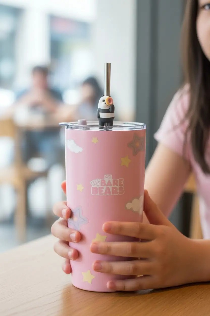 We Bare Bears Lisanslı Pipetli Termos (530Ml) - Panda