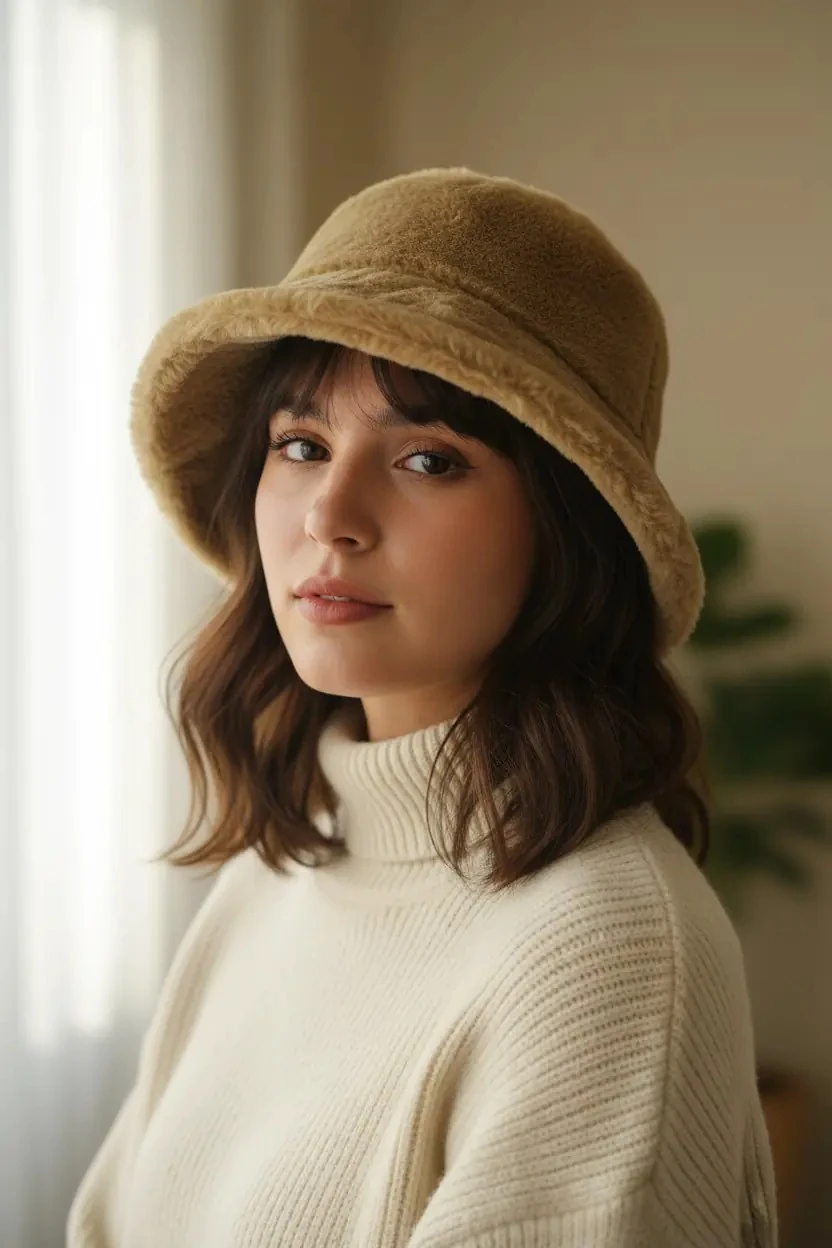 Vizon Renk Peluş Bucket Şapka