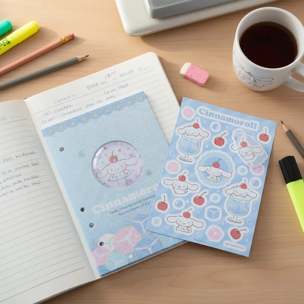 Sanrio Lisanslı Renkli Yaz Serisi Sert Kapak Sallantılı 80Yp. Kareli Not Defteri ve Sticker - Cinnamoroll