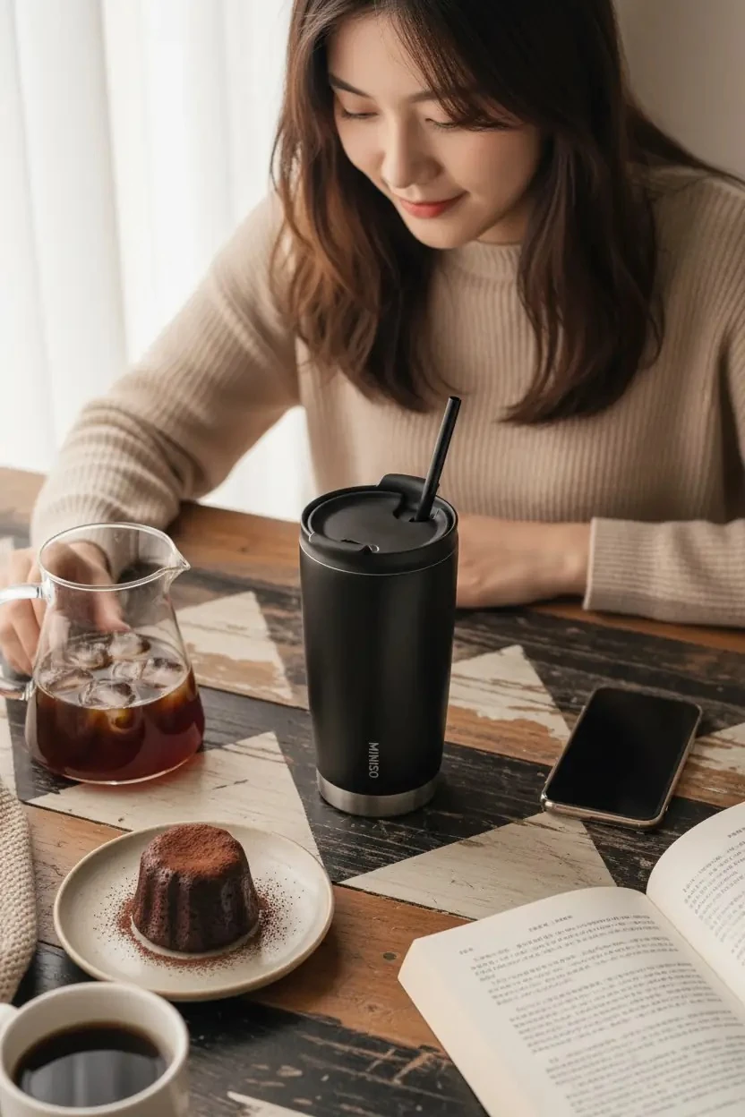 Miniso Lisanslı Kahve Serisi Pipetli Çelik Bardak Siyah 560 Ml – Çift Cidarlı