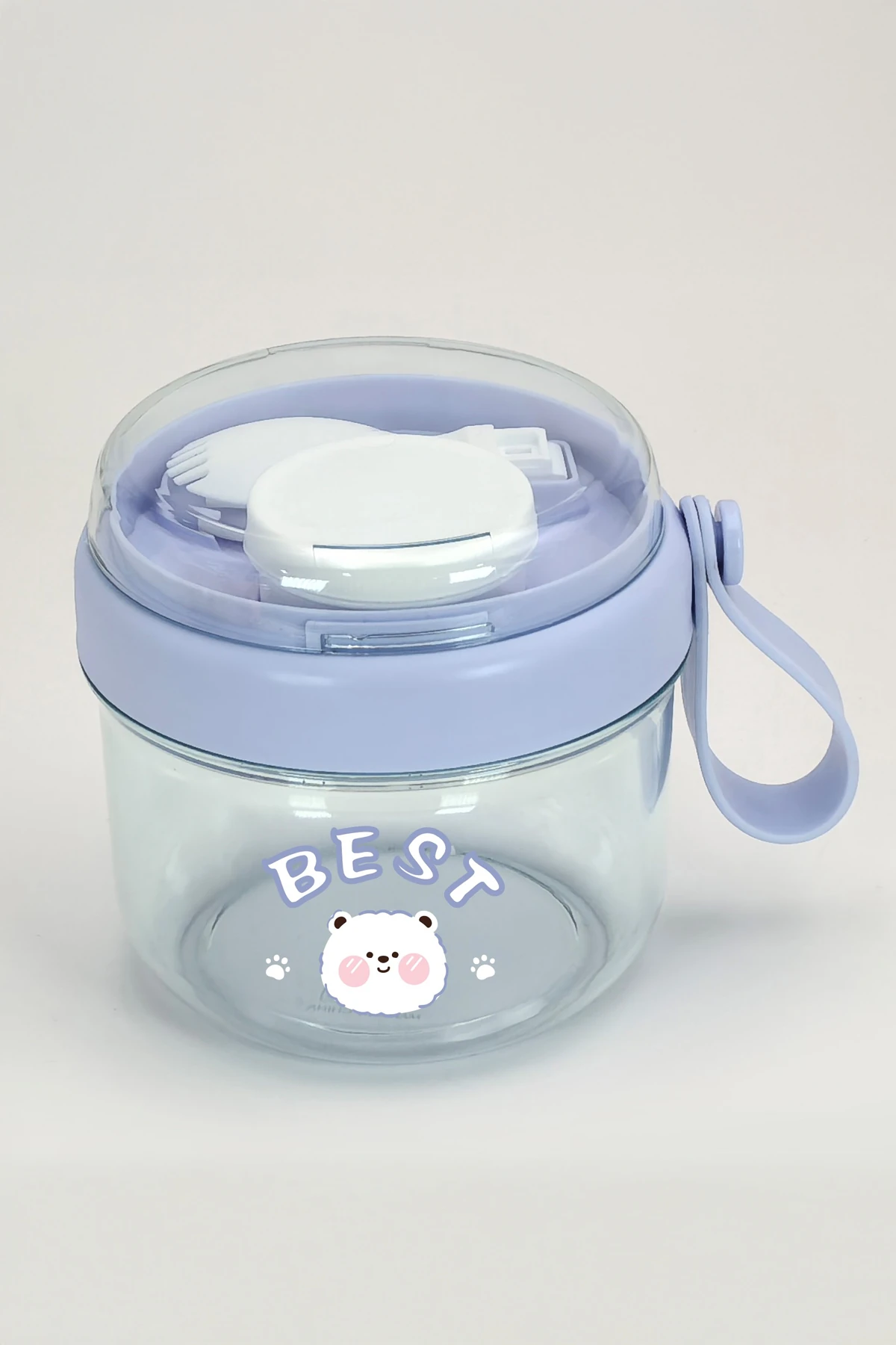 Miniso Lisanslı Tutacaklı Çizgi Karakterli Salata Kasesi – Sos Kaplı ve Çatal Bıçak Takımlı Sızdırmaz Kap 650 mL (Mavi)