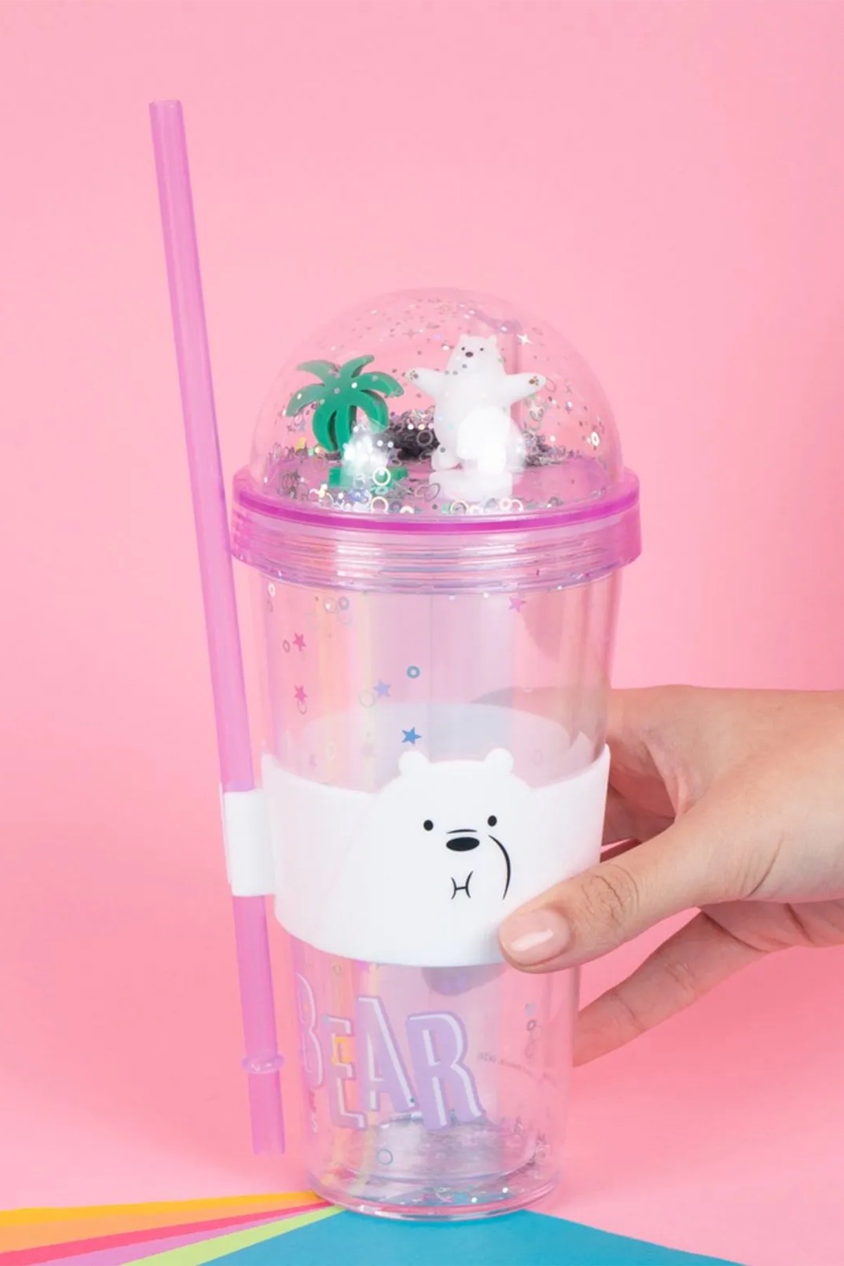 We Bare Bears Lisanslı Pipetli Ve Kapaklı Simli Plastik Suluk (Outlet)