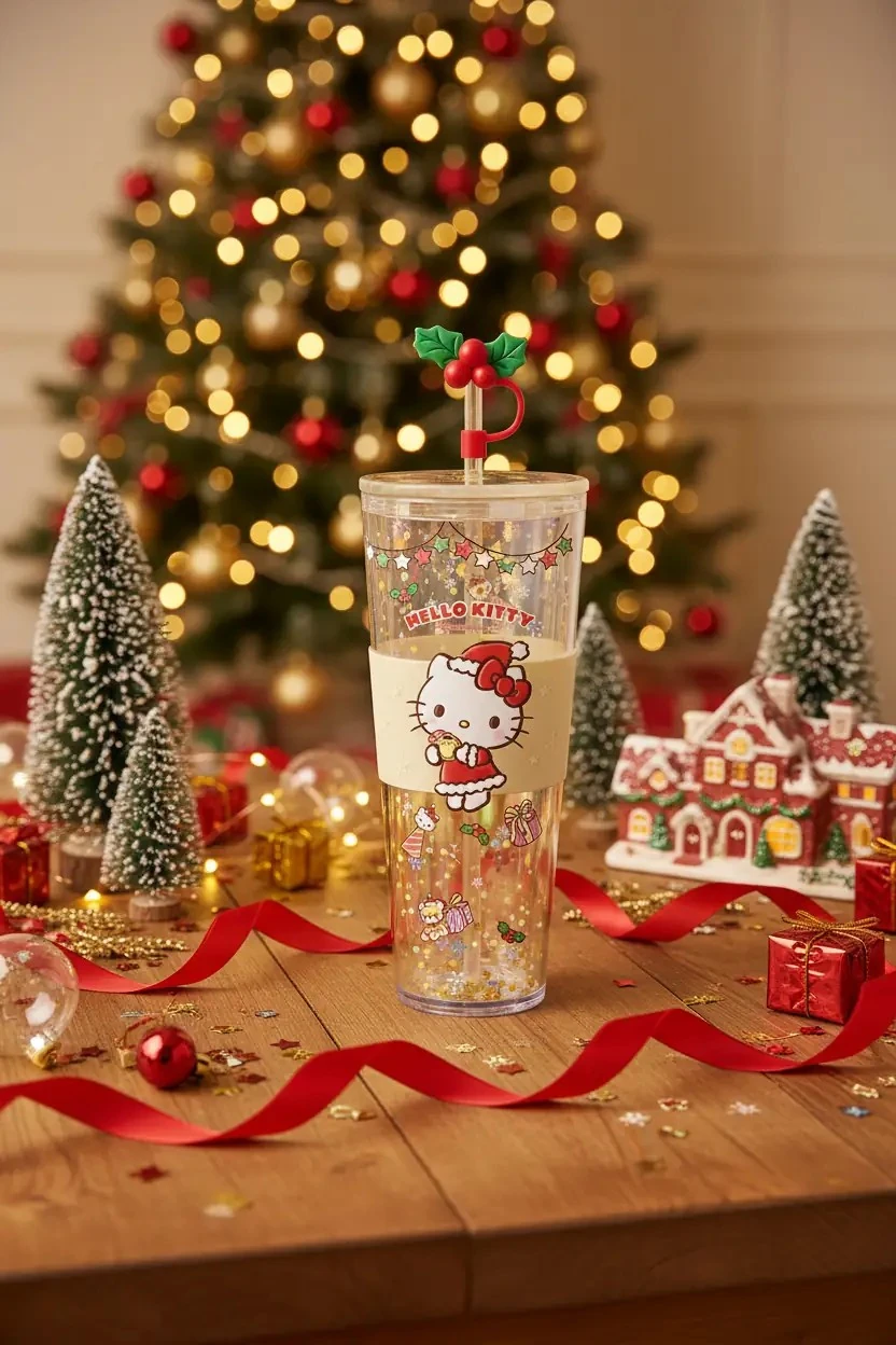 Sanrio Lisanslı Hello Kitty Yılbaşı Koleksiyonu Çift Cidarlı ve Pipetli Şişe (800ml) – Büyük Matara