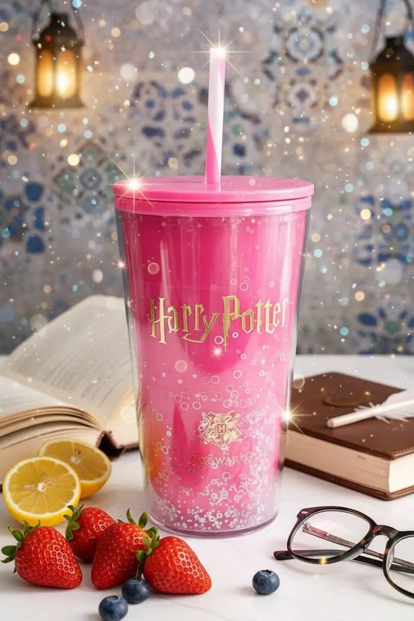 Harry Potter Lisanslı Pipetli Plastik Şişe (600ml) - Pembe