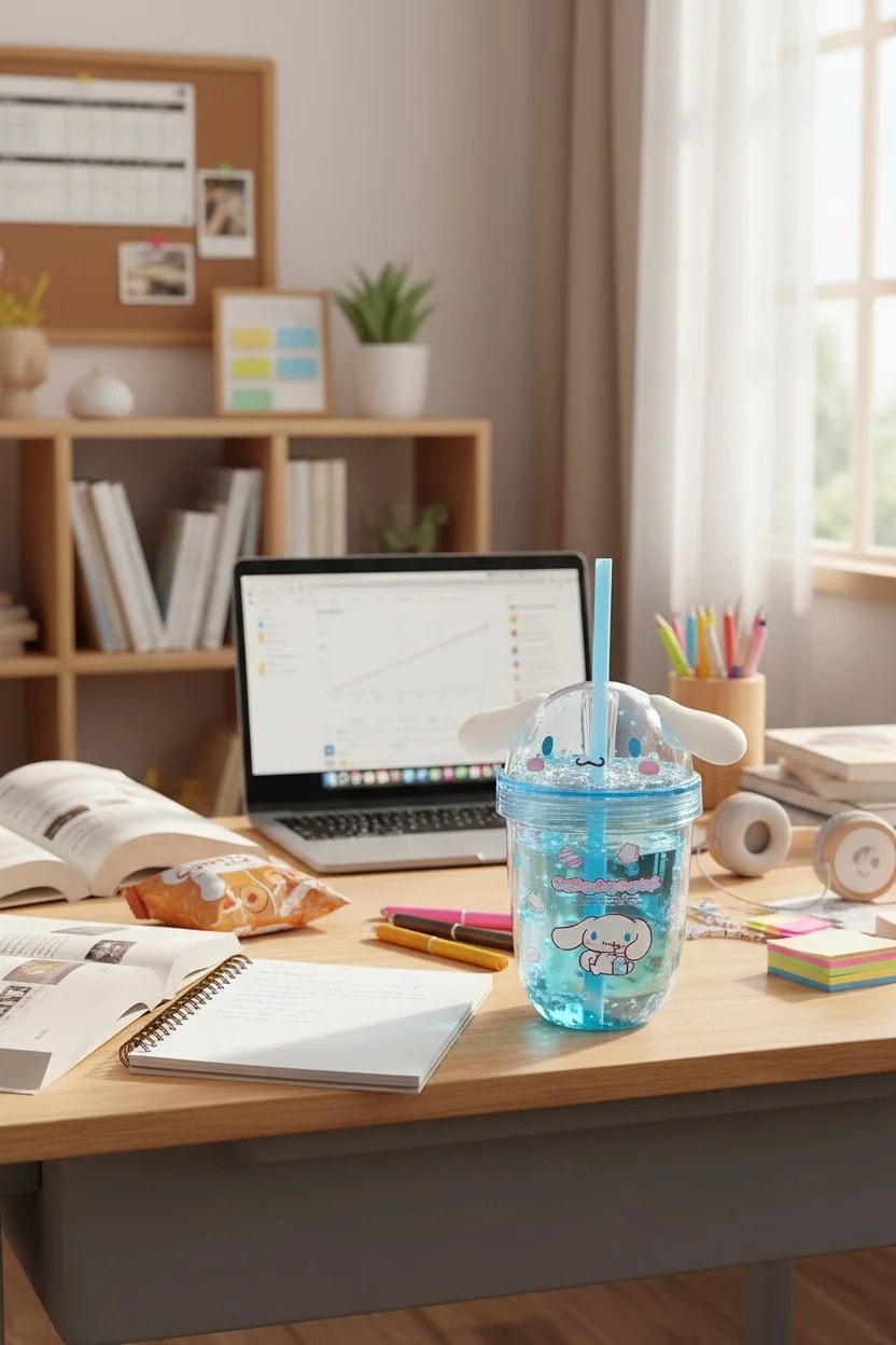 Sanrio Lisanslı Cinnamoroll Tatlı Fabrikası Serisi Plastik Şişe Pipetli ve Süslemeli 435 mL