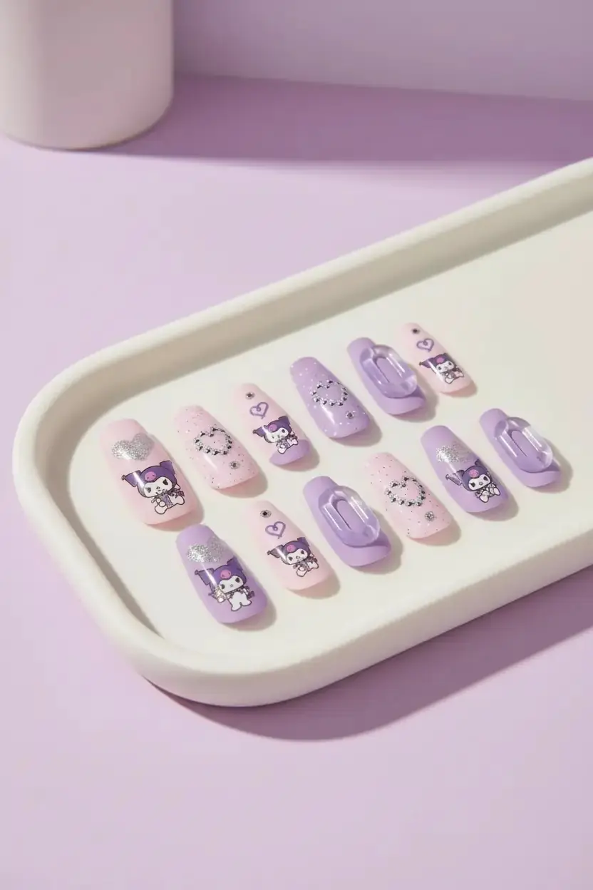 MINISO Sanrio Lisanslı Kuromi Jel Yapışkanlı Takma Tırnak Mor ve Şık Tasarım Model 05