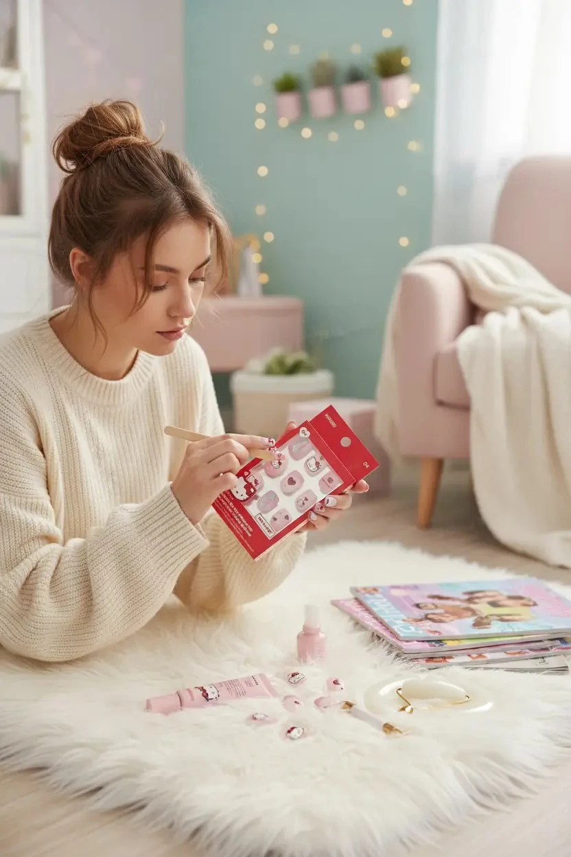 Sanrio Lisanslı Hello Kitty Jel Yapışkanlı Takma Tırnak Pembe Şık Tasarım Model 04