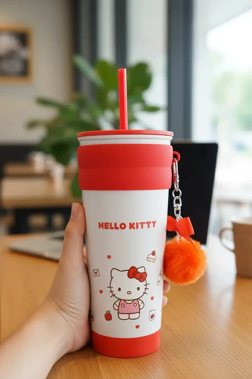 Sanrio Lisanslı Hello Kitty Matara 21 Cm – Pipetli Paslanmaz Çelik Charm Detaylı
