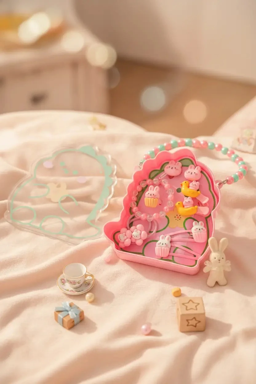 Miniso Lisanslı Lovely Serisi Küçük Dinozor Figürlü Toka Seti – İnci Saplı Çantalı ve Renkli Saç Aksesuarı
