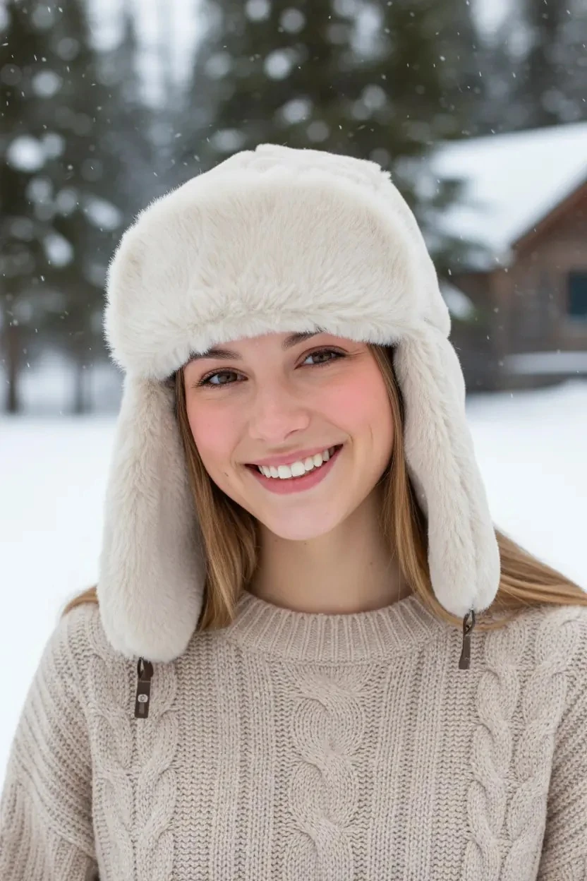 Aw24 Sheforshe 12806 Kürklü Kulaklıklı Bere / Bej