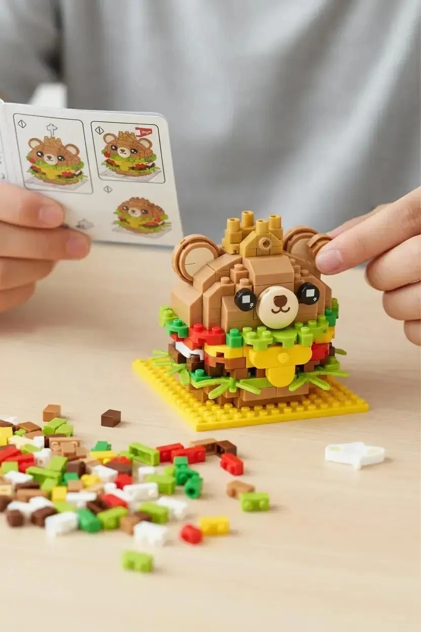 Miniso Lisanslı Yemek Serisi Oyun Bloğu Ayı Figürlü Hamburger – Eğitici ve Dekoratif Oyuncak Seti