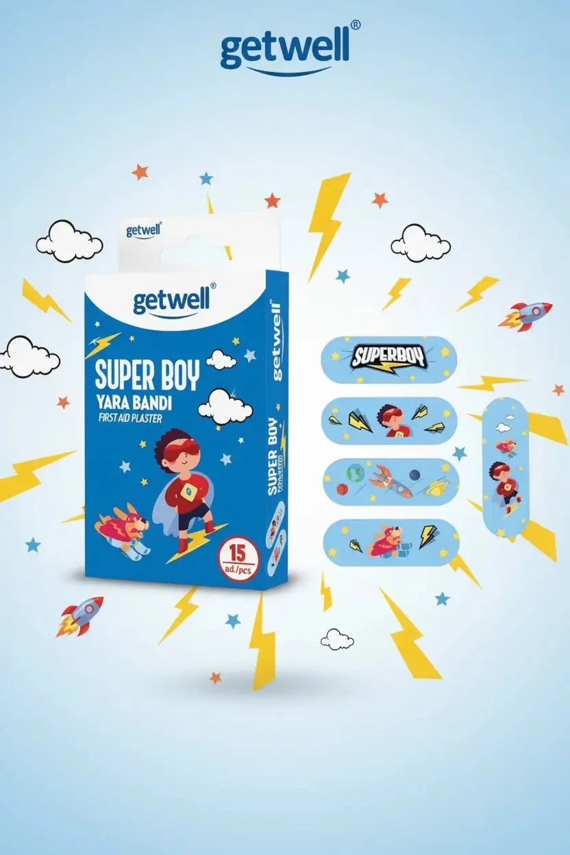 Getwell Super Boy Yara Bandı – 15 Adet Renkli ve Nefes Alan Tasarım