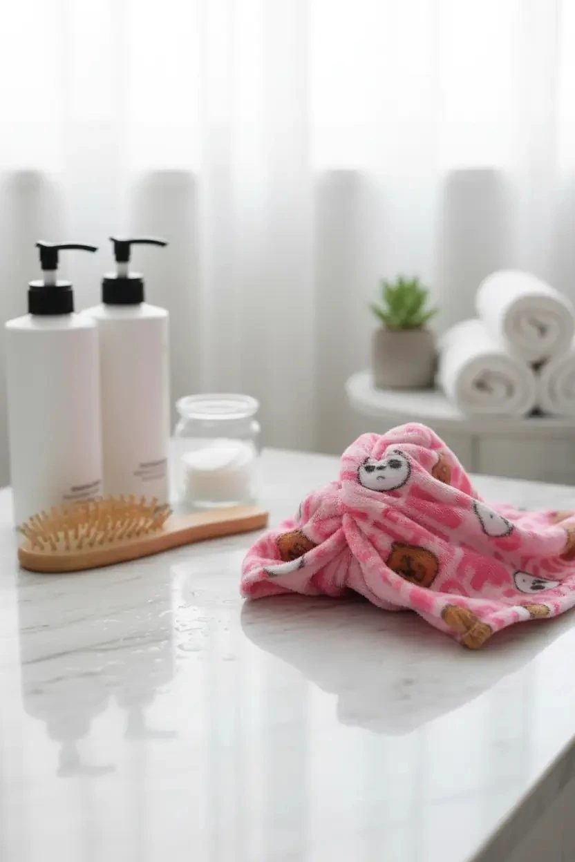 We Bare Bears Lisanslı Saç Havlusu – Mikrofiber Hızlı Kuruyan Pembe