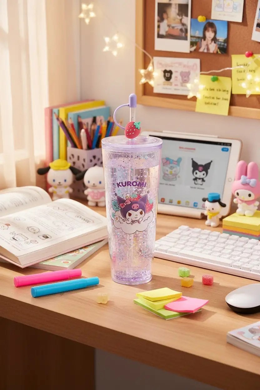 Sanrio Lisanslı Çift Cidarlı Pipetli Plastik Şişe (800ml) -  Kuromi