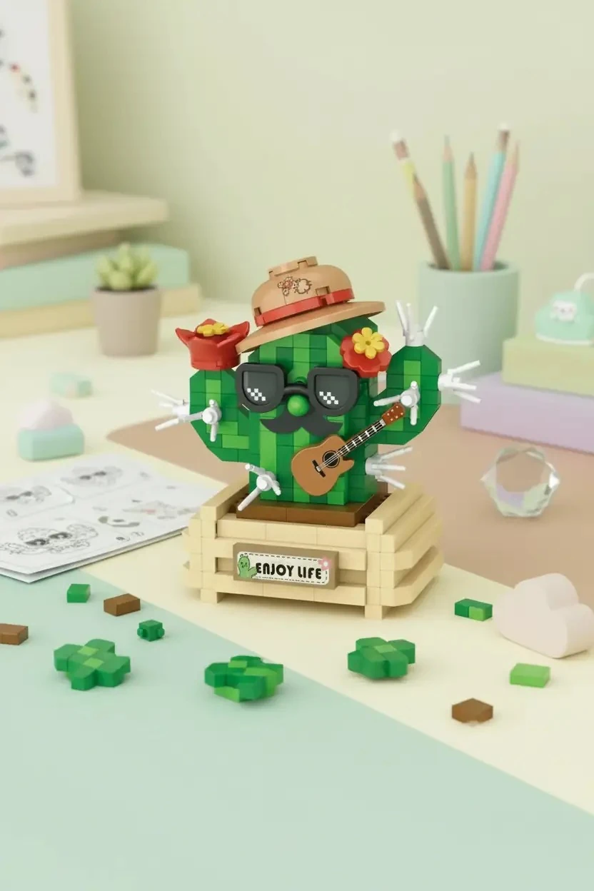 Miniso Lisanslı Bahar Ev Bitkileri Serisi Oyun Bloğu Kaktüs – Dekoratif Oyuncak 10 Cm