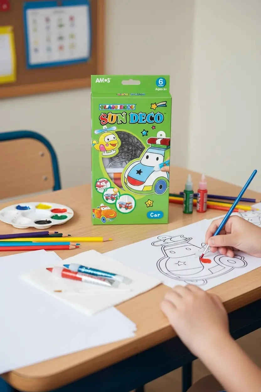 Amos Cam Boyama Seti Sun Deco Arabalar – Çocuklar İçin Çıkarılabilir Sticker Aktivite Seti