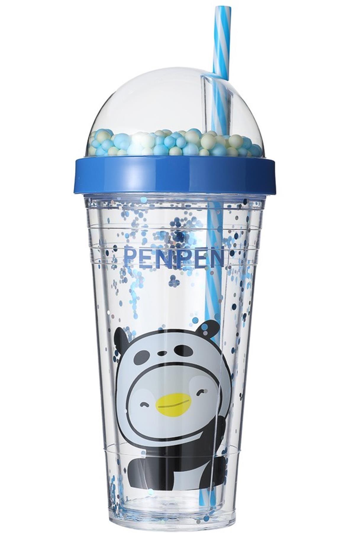 Mini Family Serisi Çift Cidarlı Pipetli Plastik Şişe - Penguen 420 Ml