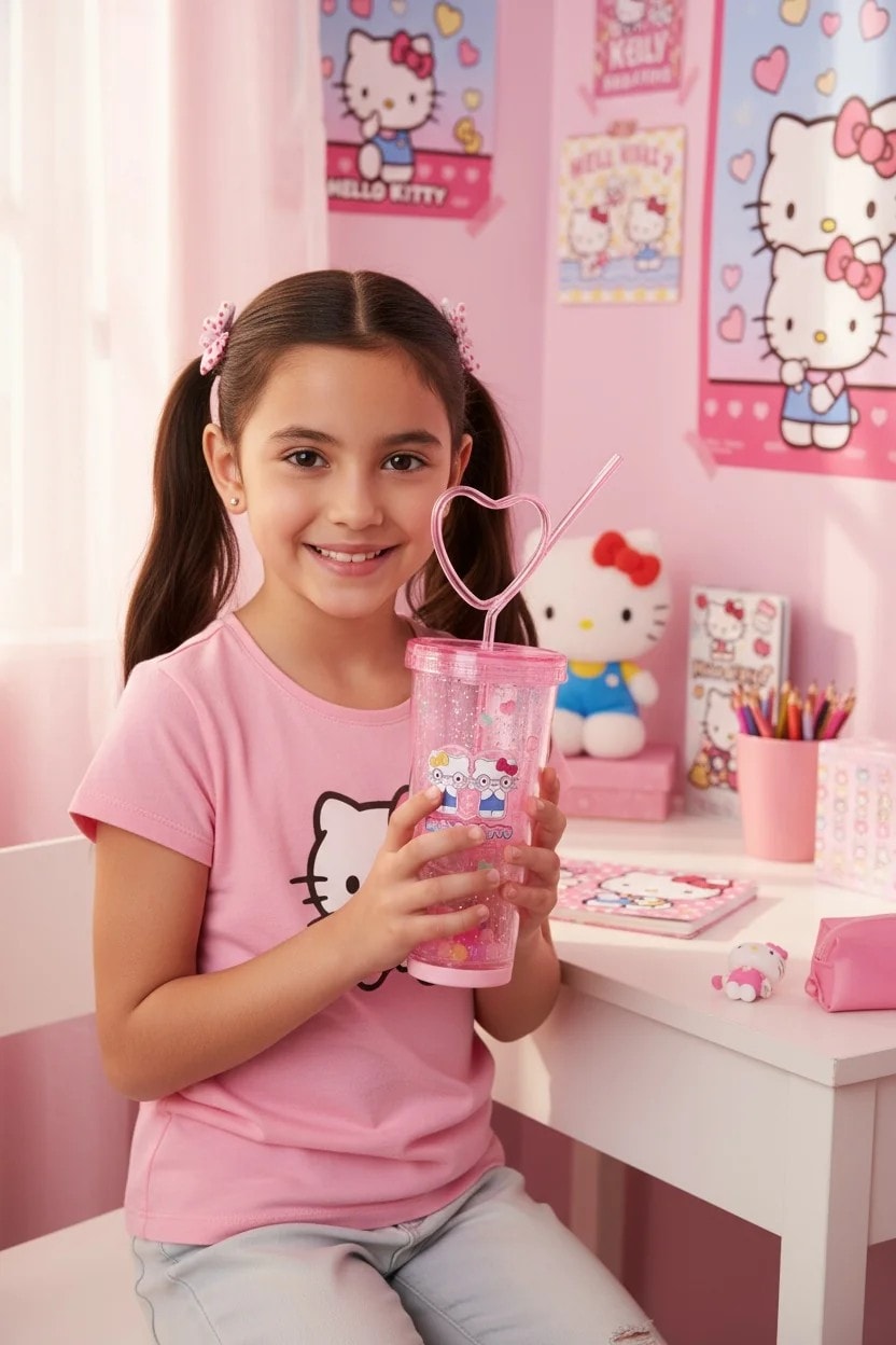 Sanrio Lisanslı Hello Kitty Tatlı Fabrikası Serisi Kalp Çift Duvarlı Plastik Şişe Pipetli 440 mL
