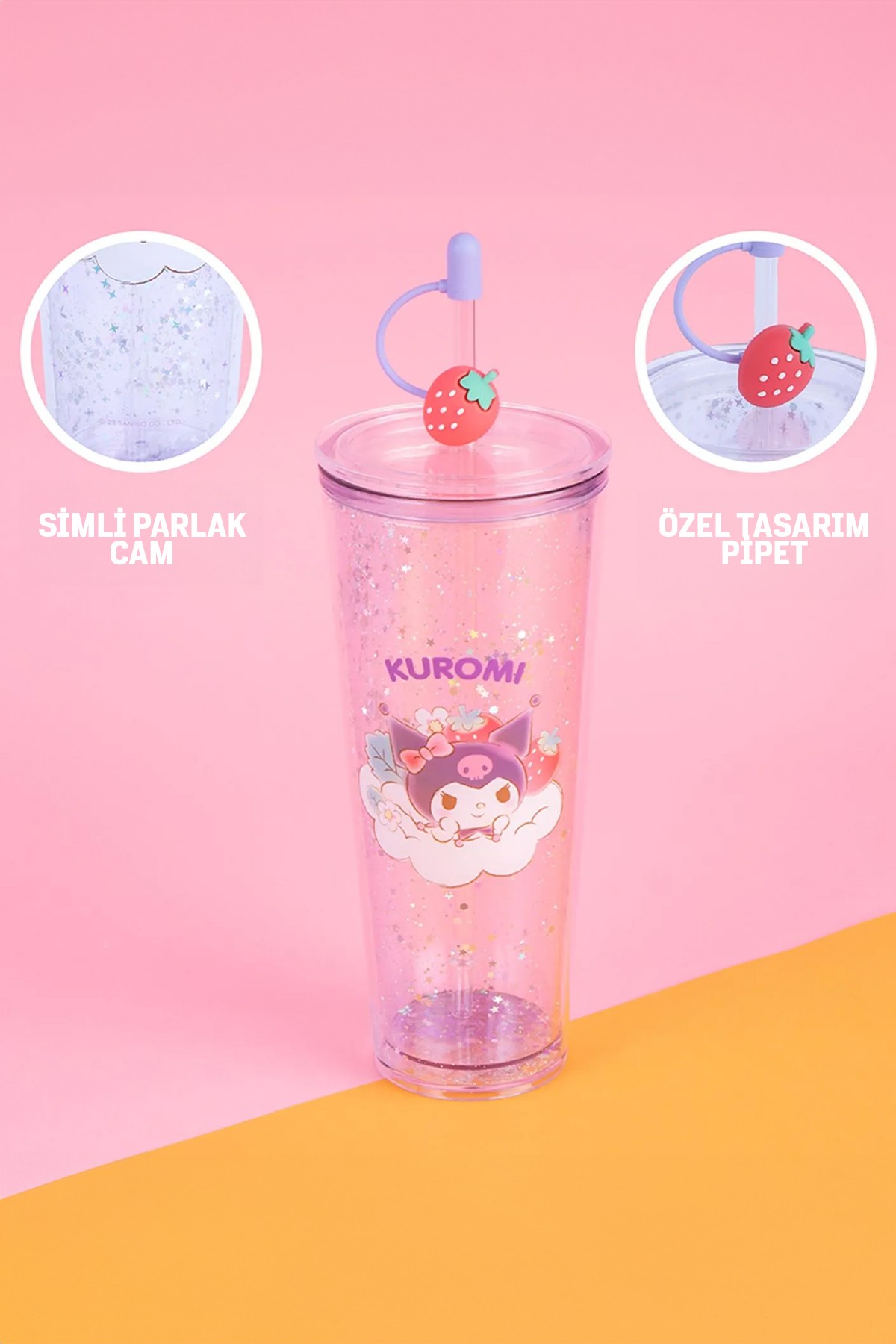 Sanrio Lisanslı Çift Cidarlı Pipetli Plastik Şişe (800ml) -  Kuromi