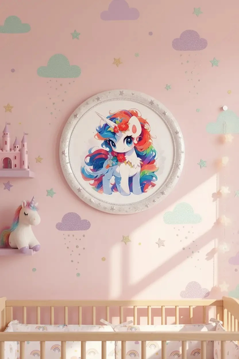 Yuvarlak Elmas Çerçeveli Tablo (Tek Boynuzlu At)