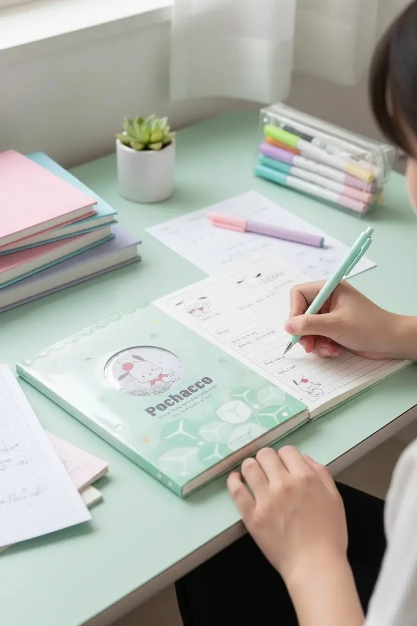 Sanrio Lisanslı Pochacco Renkli Yaz Serisi Sert Kapak Sallantılı Not Defteri ve Sticker Seti 17.4 Cm