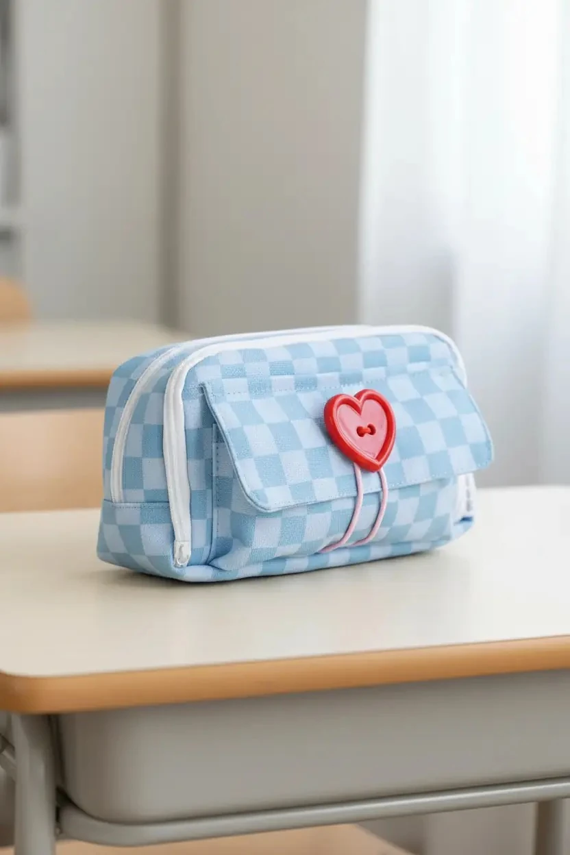 Miniso Lisanslı Büyük Düğme Serisi Kalp Düğmeli Kumaş Kalem Kutusu 21 Cm – Geniş Hacimli